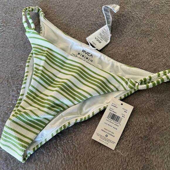 RVCA Ziggy French Mid Rise High Leg Bikini Bottom - Green/white, Medium - Picture 1 of 5